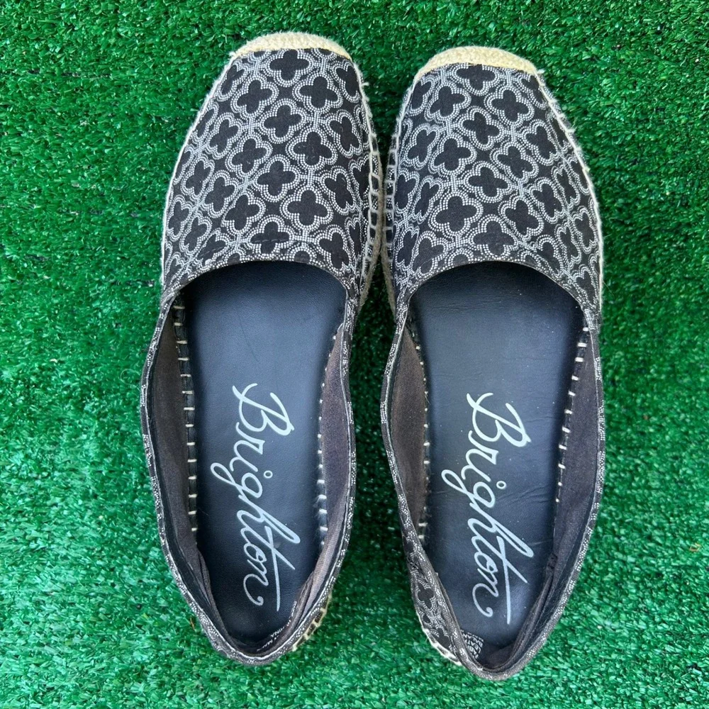 Brighton‎ Avila Espadrille Flats Womens 10 Black White Quatrefoil Slip On Shoes